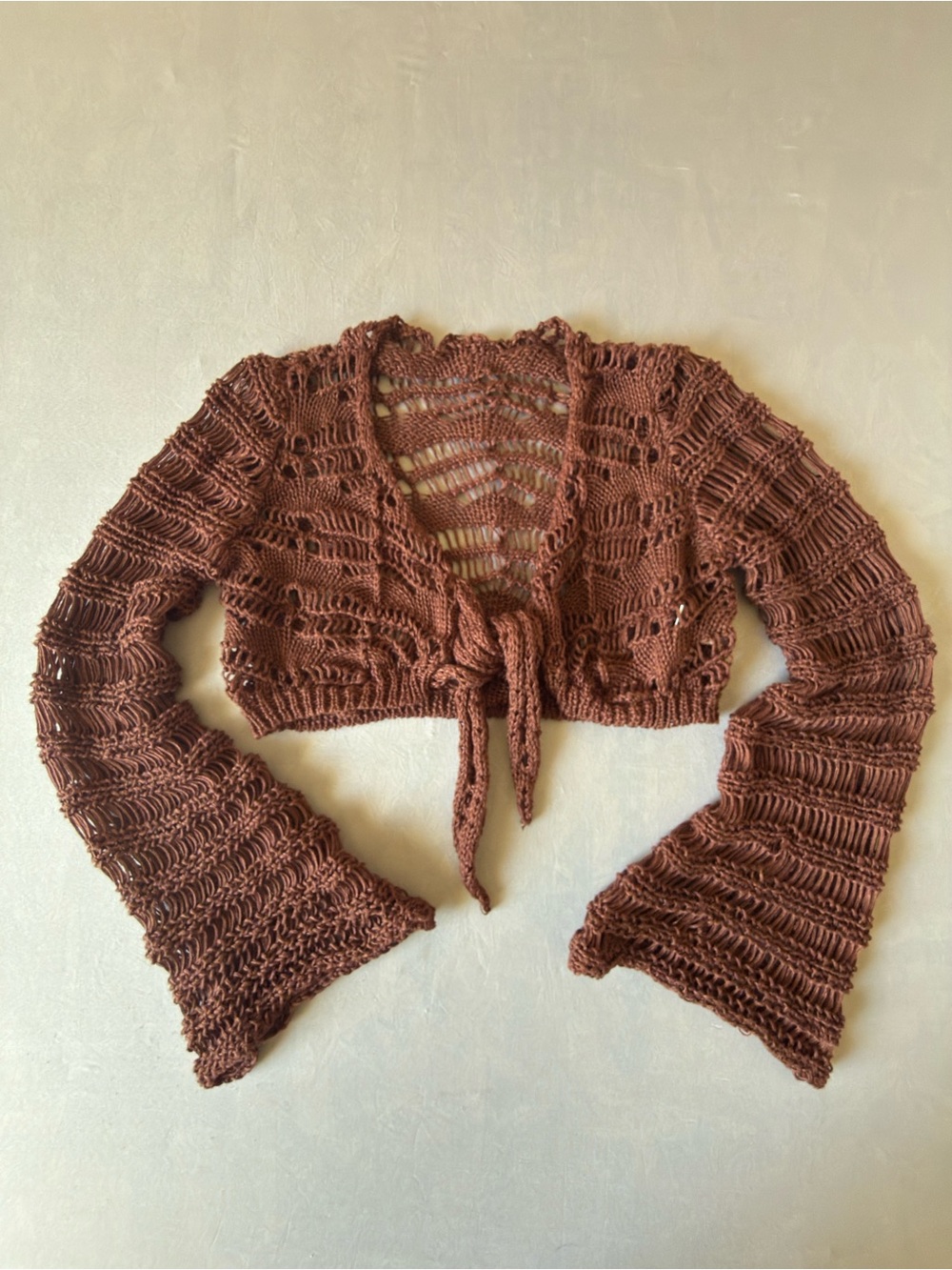 ROMWE Brown Crochet Tie-Front Bolero Sweater